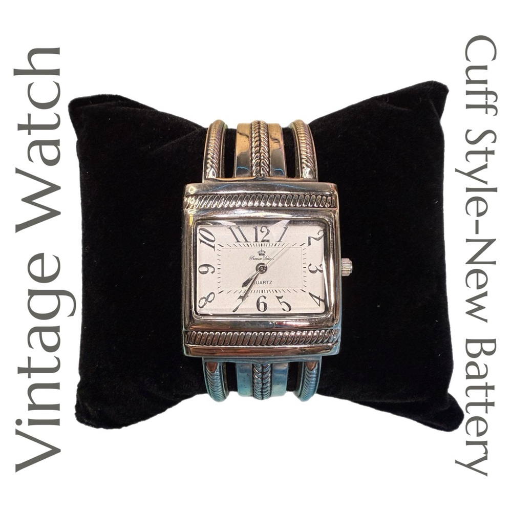 Vintage - Premier Designs Cuff Watch - Silver Tone - Stainless Steel Square Dial